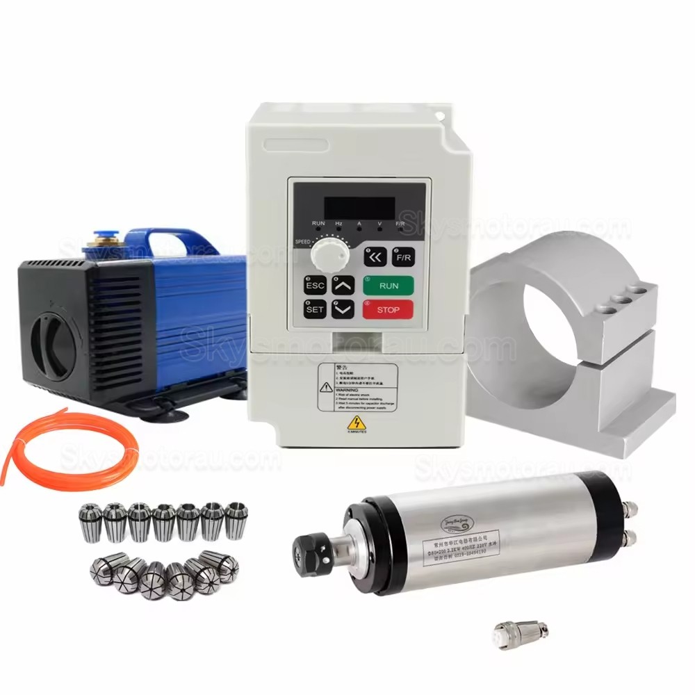 2.2KW VFD Spindle Kit Huajiang-2.2+H100-2.2C2/S2/T4 Indc. Water Cooled Spindle Motor + VFD + Water Pump + 13Pcs ER20 Collet + Bracket